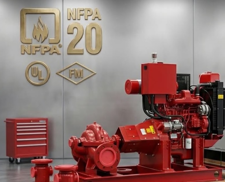 Instalación de sala de bombas contra incendio con motor diésel, eléctrico y bomba jockey bajo norma NFPA 20.